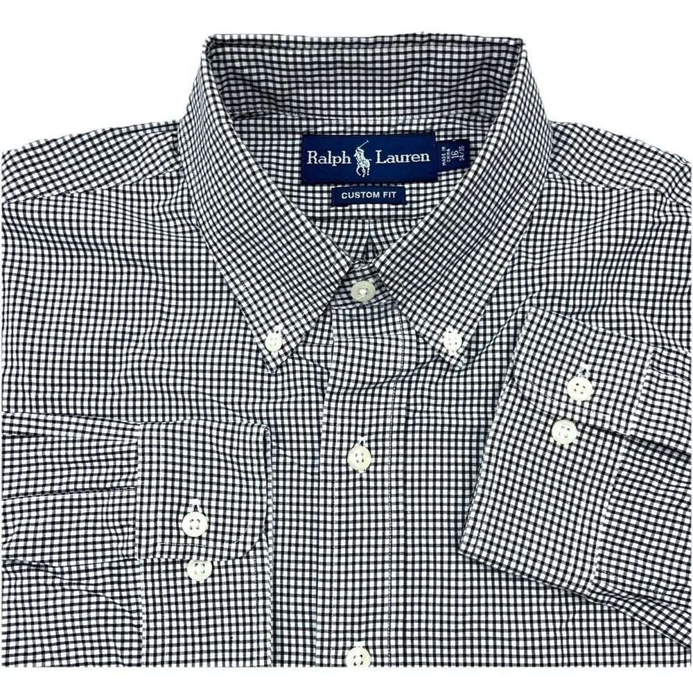 Ralph Lauren Shirt Men 16 34 Black White Button Up Dress Check Poplin Custom Fit